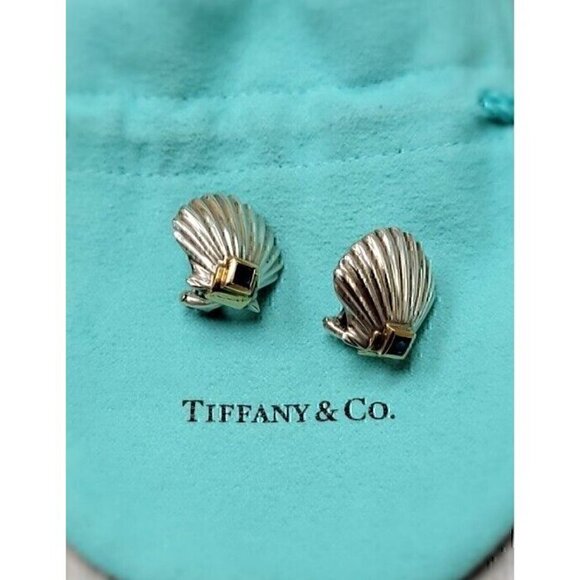 Tiffany & Co Vintage Sterling Silver 14kt Gold Sapphire Shell Earrings - Picture 4 of 6